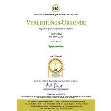 Сертификат немецкого биологического института «Rosenheim» подтверждает, что натуральный камень «Туликиви» абсолютно безопасен (не содержит тяжелых металлов, летучих органических веществ и не радиоактивен).