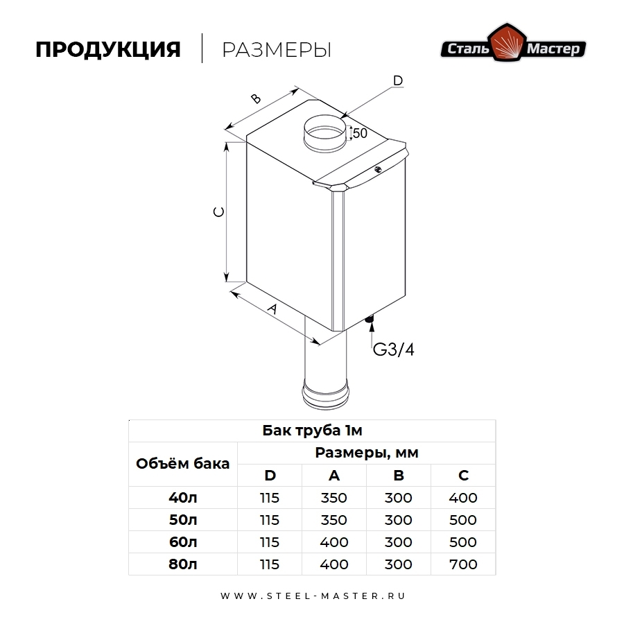 Бак на трубе Сталь-Мастер 85 л, d115 мм, 0,8 мм, AISI 201