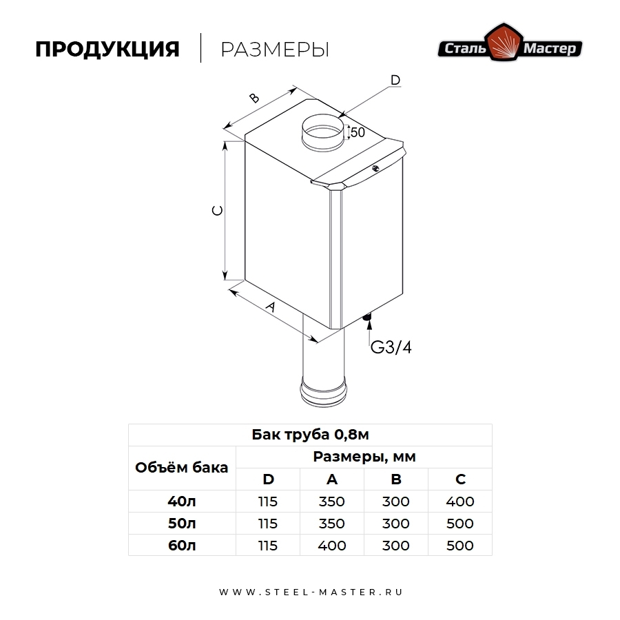 Бак на трубе Сталь-Мастер 60 л, d115 мм, 0,8 мм, AISI 201
